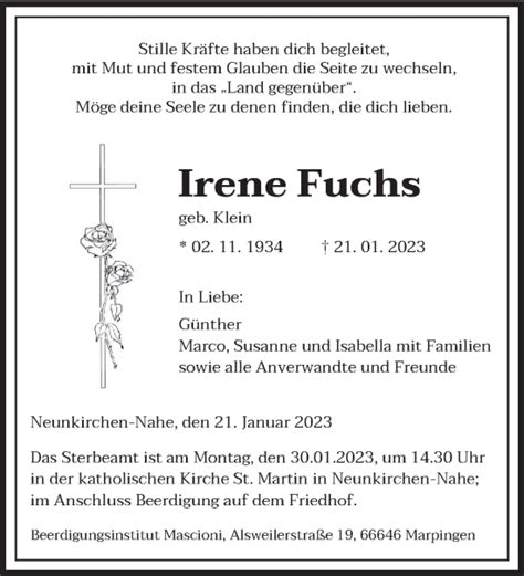 Traueranzeigen Von Irene Fuchs Saarbruecker Zeitung Trauer De