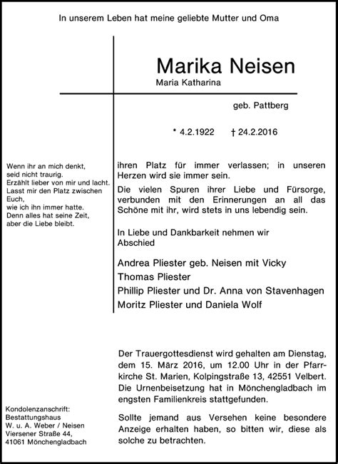 Traueranzeigen Von Marika Neisen Trauer In NRW De