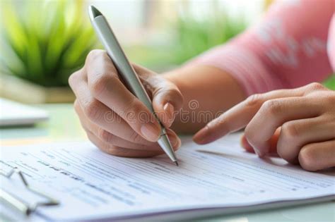 Close Up Of A Female Hand Holding A Pen And Filling In Form Stock