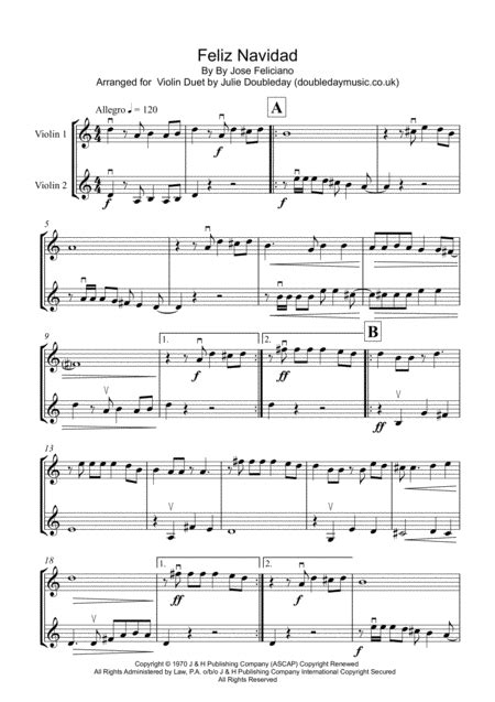 Feliz Navidad Arr Julie Doubleday By Clay Walker Sheet Music For Violin Duet At Sheet Music