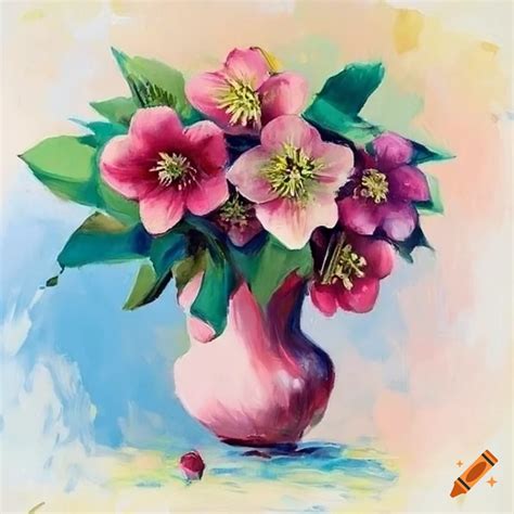 Painting Of A Beautiful Hellebore Flower Bouquet On White Background