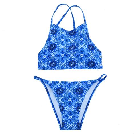 2016 Beach Riot Sexy Blue Tie Dye Bikini Print Women High Neck Halter