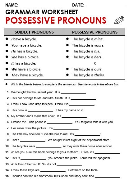 Personal And Possessive Pronoun Worksheets