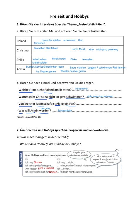 Freizeit Und Hobbys H Ren Sprechen Freizeit Und Hobbys H Ren Sie