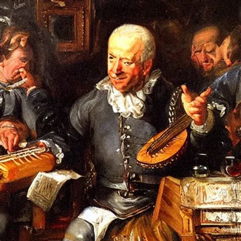 Oil Painting Of Joe Biden Playing The Hurdy Gurdy At A Stable