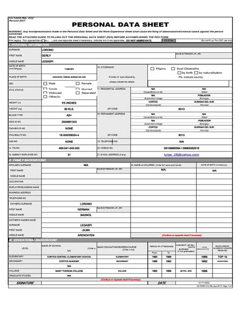 Cs Form No 212 Revised Personal Data Sheet New Pdf