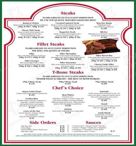 Menu at The Porterhouse restaurant, Roodepoort, Ontdekkers Road