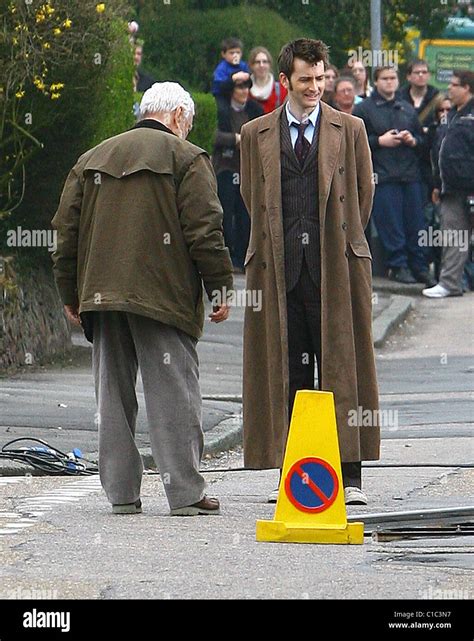 David Tennant And Bernard Cribbins Filming On The Set Of The Bbcs