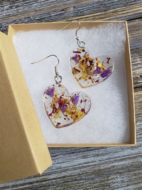 Flower Resin Heart Earrings Handmade Earrings Resin Heart Jewelry Resin