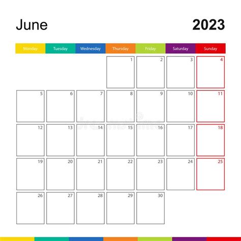 June Colorful Wall Calendar Week Starts On Monday Stock Vector