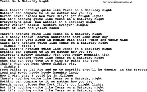 Willie Nelson Song Texas On A Saturday Night Lyrics