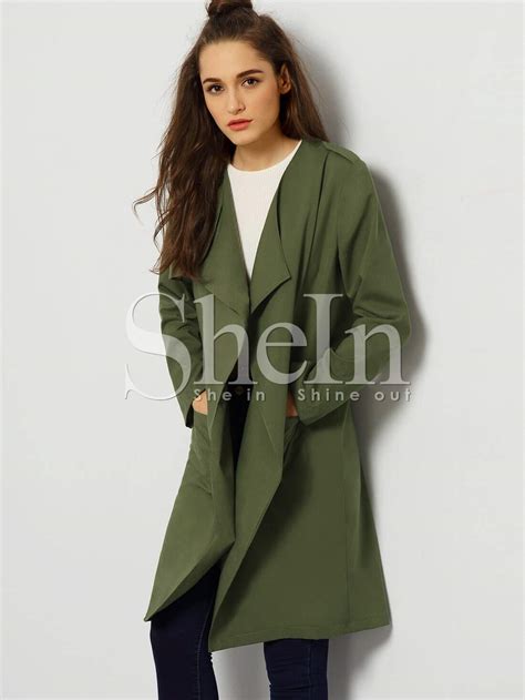 Army Green Long Sleeve Trench Coat Shein Sheinside