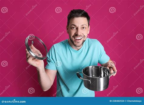 Happy Man With Pot On Pink Background Stock Photo Image Of Domestic