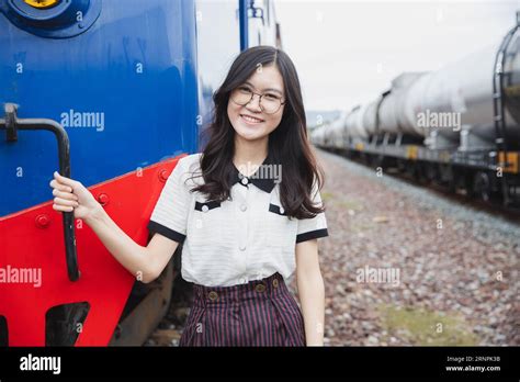 Portrait Happy Asian Woman Lady On Railway Train Station Locomotive