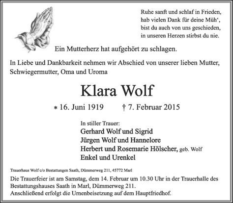 Traueranzeigen Von Klara Wolf Sich Erinnern De