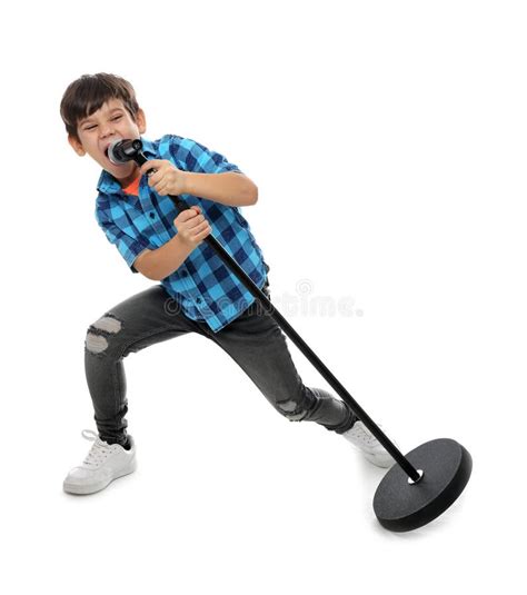 Cute Little Boy Singing Into Microphone Stock Photo Image Of