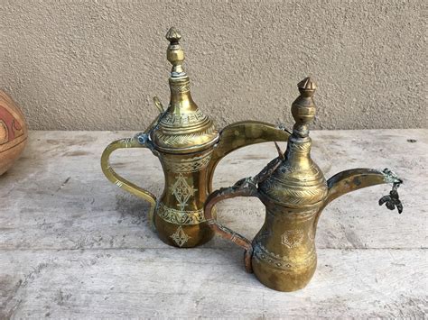 Pair Of Old Dallah Nizwa Arabic Coffee Pots Brass Copper Antique