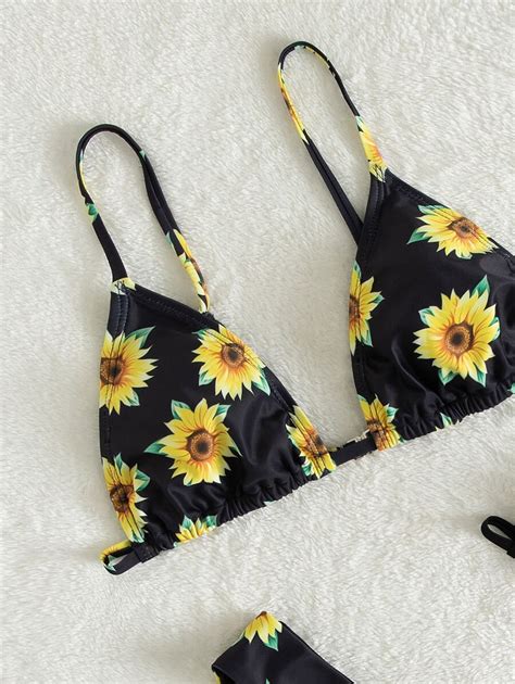 Shein Tween Girl Sunflower Print Reversible Bikini Swimsuit Bikini