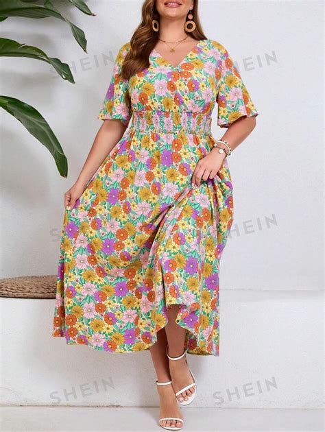 Shein Lune Vestito Taglie Forti Colorato Con Stampa Floreale Manica