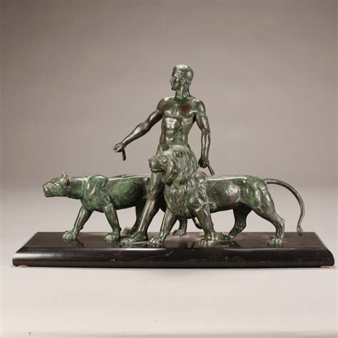 LOT UNSIGNED NUDE MAN WALKING WITH LION AND LIONESS BRONZE ON MARBLE BASE MISSING