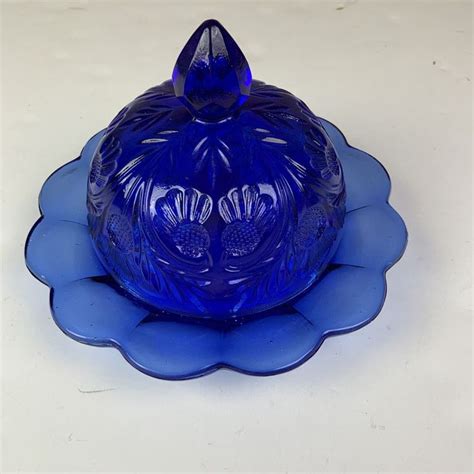 Cobalt Blue Glass Butter Dish Keeper Covered Vintage Floral Embossed Collectible Ebay Blue