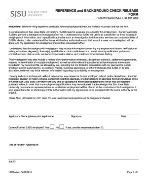 Fillable Online Sjsu REFERENCE And BACKGROUND CHECK RELEASE Fax Email