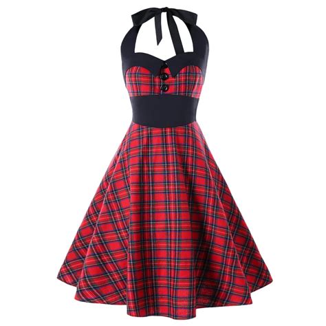 Vintage Dress Women Summer Dark Red Retro Plaid A Line Fashion Halter