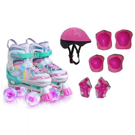 Patins Infantil Quad Arco Ris Ajuste De Tamanho Rodas Em Led Ou