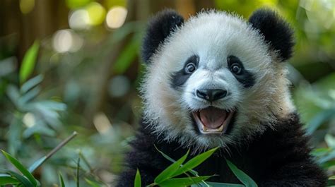 Yawning Panda Bear In Grass Premium Ai Generated Image