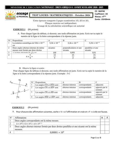 TEST LOURD OCTOBRE 2024 MATHS 4ième COLLEGE LE PROVINCIAL by Tehua