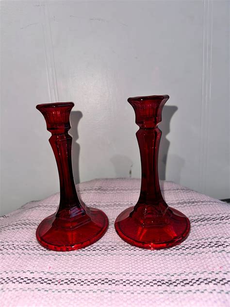 Vintage Set Of 2 Red Glass Candle Holders Romantic Candle Holders 6 Tall Colored Glass Candle