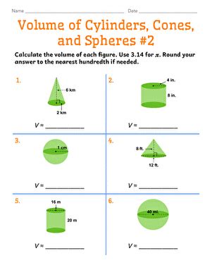 Volume Of Cylinders Cones And Spheres 2 Worksheet Education