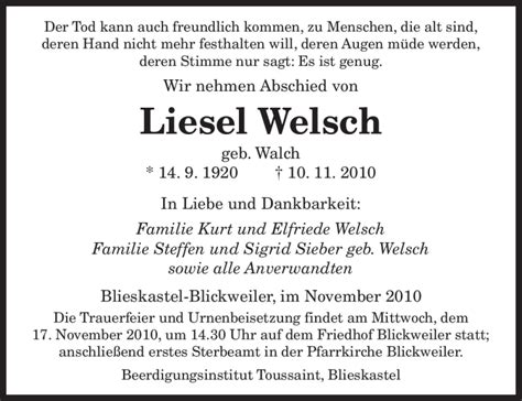 Traueranzeigen Von Liesel Welsch Saarbruecker Zeitung Trauer De