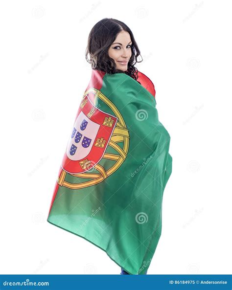 Young Woman Holding A Large Flag Of Portugal Stock Image Image Of