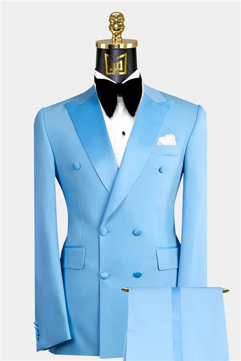 Light Blue Double Breasted Formal Men Tuxedos Peak Lapel Groom Wedding