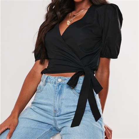 Missguided Tops Poplin Wrap Front Puff Sleeve Crop Poshmark