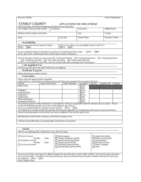 Stanly County North Carolina Application For Employment Fill Out