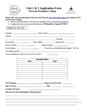 Fillable Online Nscweb Norwood Vic Edu Unit Application Form