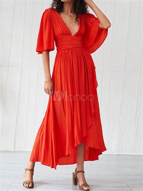 Maxikleid Orange rot Sommerkleider lang 1 2 Ärmel V Ausschnitt