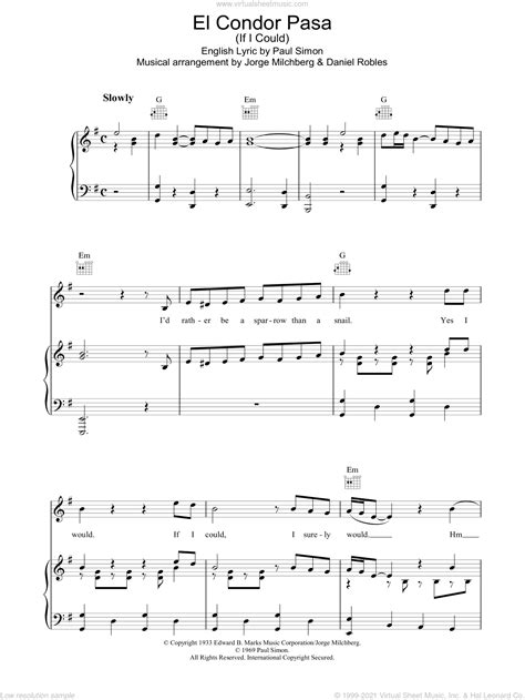 El Condor Pasa If I Could Sheet Music For Voice Piano Or Guitar