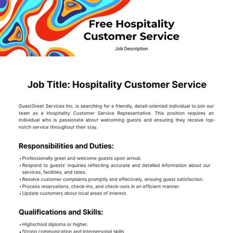 Free Hospitality Customer Service Job Description Template Edit