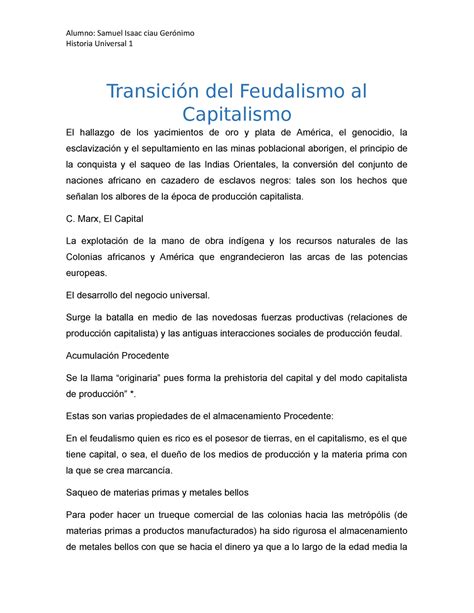 Resumen historia Transición del Feudalismo al Capitalismo Historia