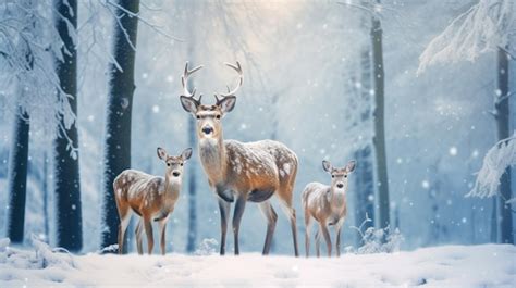 Família de cervos nobres na floresta de neve do inverno Inverno