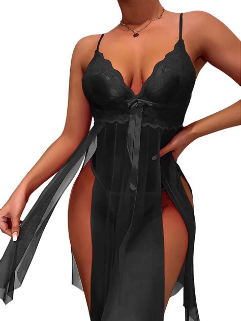 Dymade Women Honeymoon Mesh Sexy Sheer Sleeveless V Neck Adjustable Strap Babydoll Lingerie