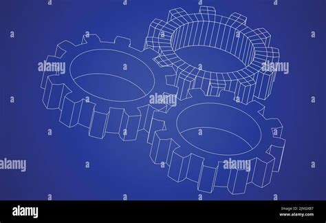 Vector Illustration Of Gears Line Art On Blue Background Representing A