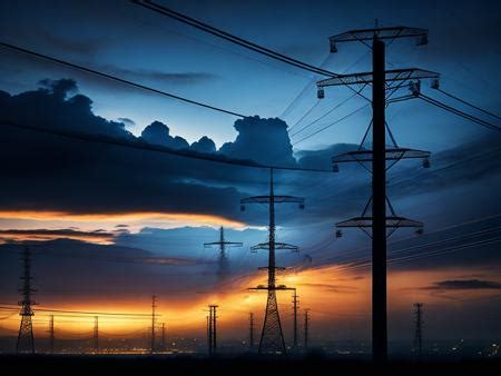 The Sun Is Setting Behind Power Lines And Telephone Poles Image