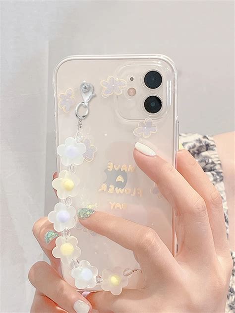 3D Flower Decor Hand Strap Phone Case SHEIN Kpop Phone Cases Girly