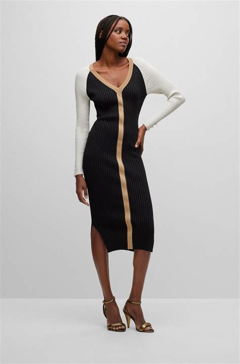 Boss V Neck Knitted Dress In Metallised Fabric