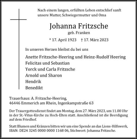 Alle Traueranzeigen für Johanna Fritzsche trauer rp online de