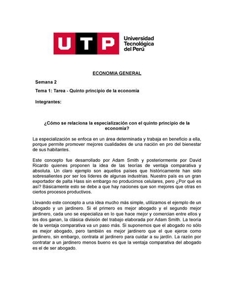 Tema 1 Tarea Quinto principio de la economía Economía General